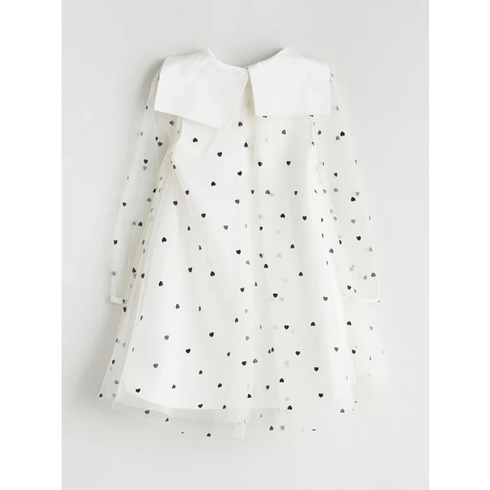 LCW Kids Ekru Tüllü Kalp Baskılı Kız Çocuk Elbise