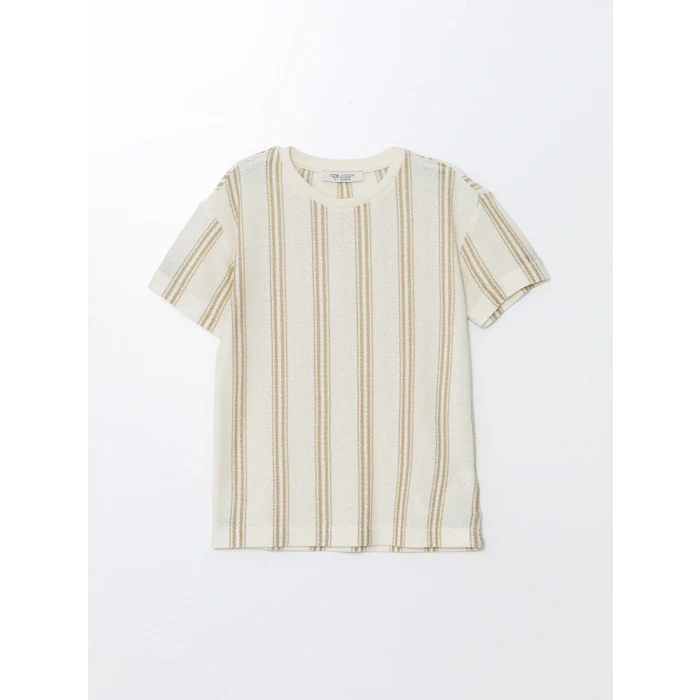 LCW Vision Bej Bisiklet Yaka Çizgili Kısa Kollu Erkek Çocuk Tişört