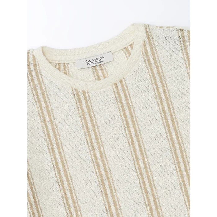 LCW Vision Bej Bisiklet Yaka Çizgili Kısa Kollu Erkek Çocuk Tişört