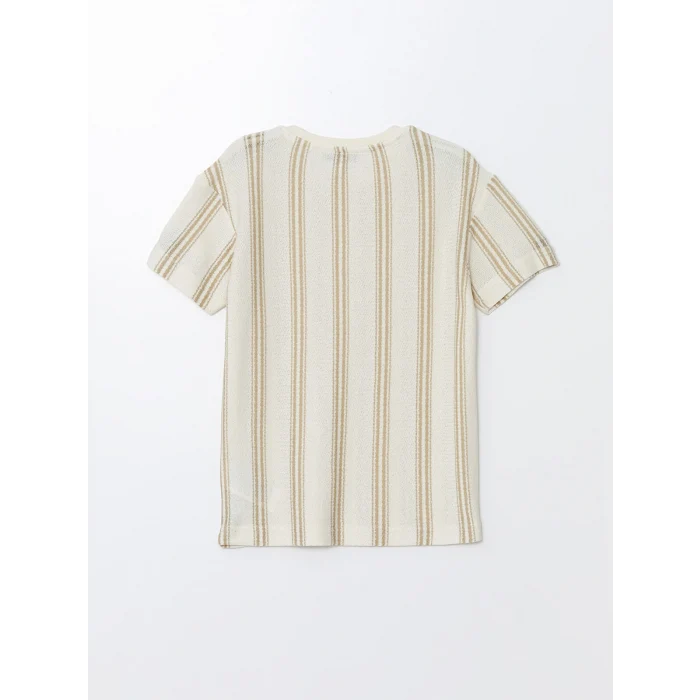 LCW Vision Bej Bisiklet Yaka Çizgili Kısa Kollu Erkek Çocuk Tişört