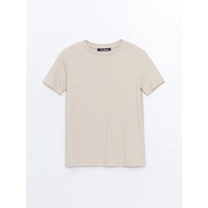 LCW Vision Bej Bisiklet Yaka Basic Kısa Kollu Erkek Çocuk Tişört