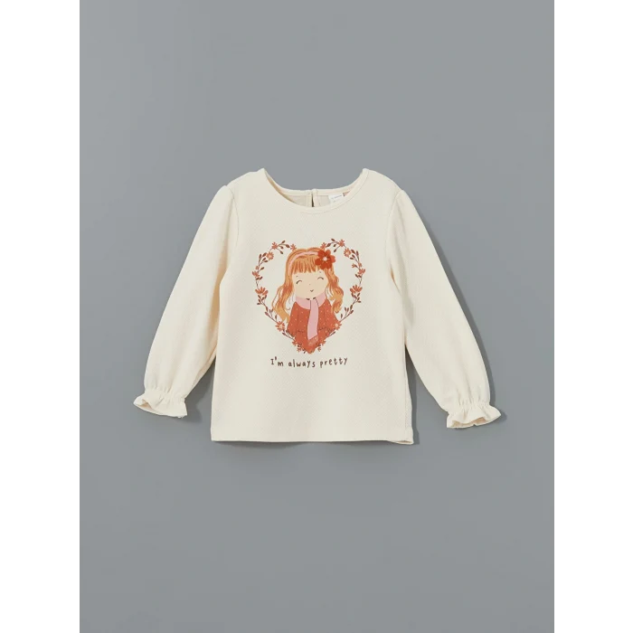 LCW Kids Ekru Bisiklet Yaka Baskılı Kız Çocuk Tişört