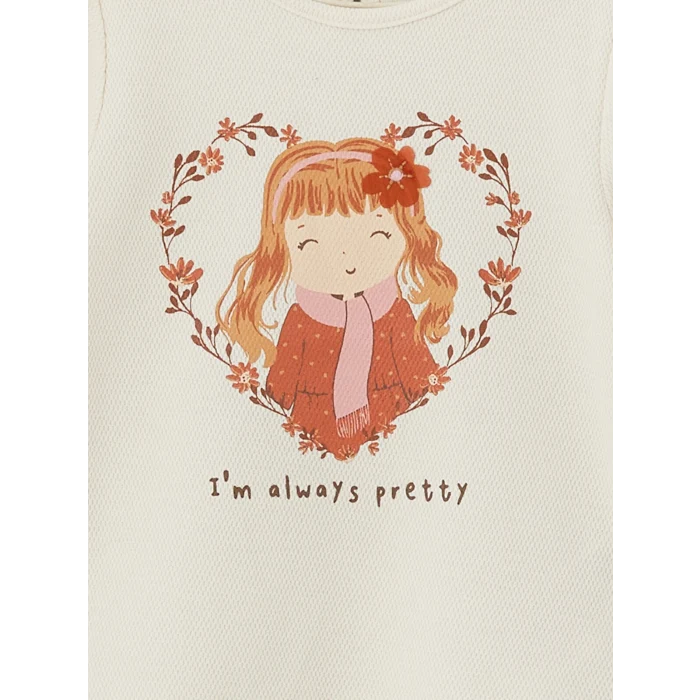 LCW Kids Ekru Bisiklet Yaka Baskılı Kız Çocuk Tişört