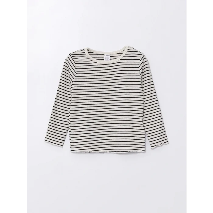LCW Kids Siyah Bisiklet Yaka Uzun Kollu Çizgili Kız Çocuk Tişört