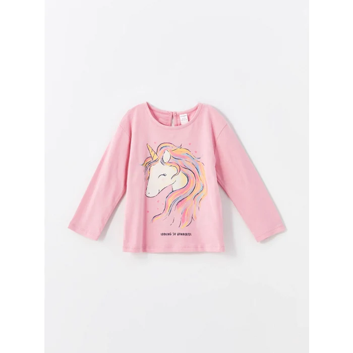 LCW Kids Pembe Bisiklet Yaka Uzun Kollu Baskılı Kız Çocuk Tişört