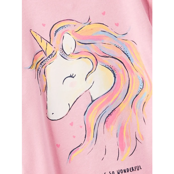 LCW Kids Pembe Bisiklet Yaka Uzun Kollu Baskılı Kız Çocuk Tişört