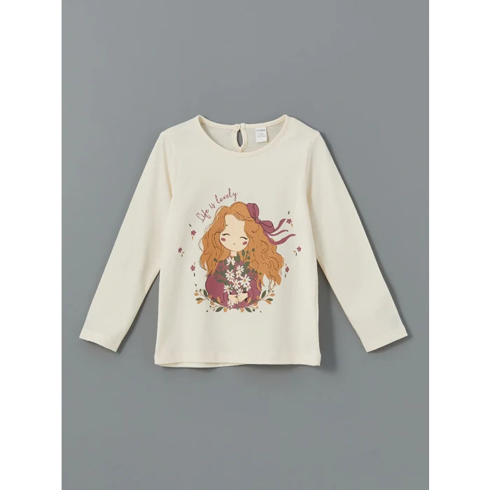LCW Kids Ekru Baskılı Kız Çocuk Tişört