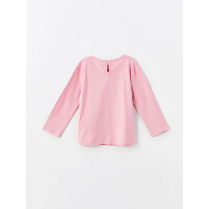 LCW Kids Pembe Bisiklet Yaka Uzun Kollu Baskılı Kız Çocuk Tişört