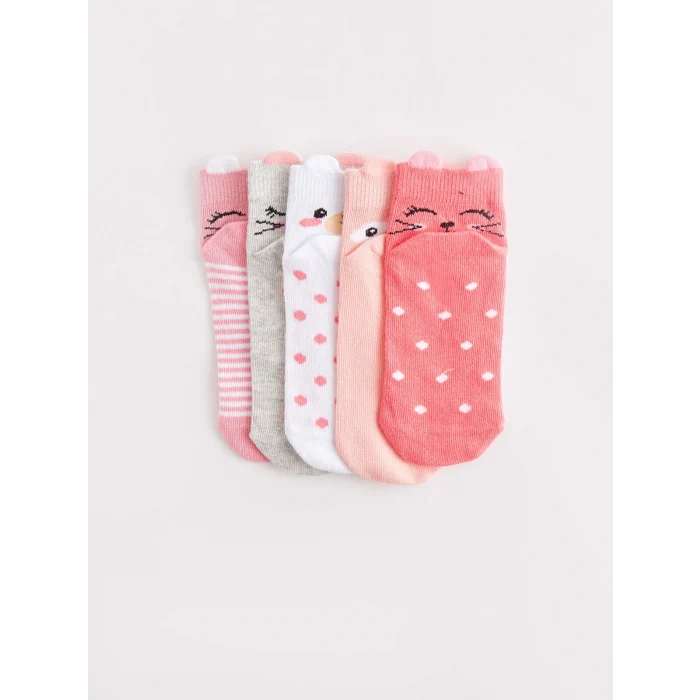 LCW Kids Pembe Desenli Kız Çocuk Patik Çorap 5li