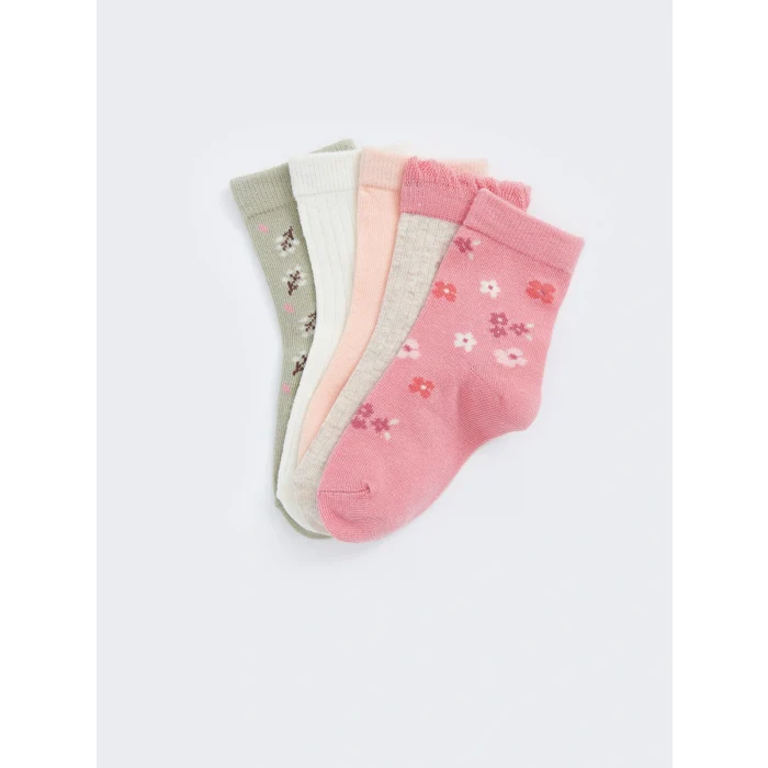 LCW baby Pembe Baskılı Kız Bebek Soket Çorap 5li