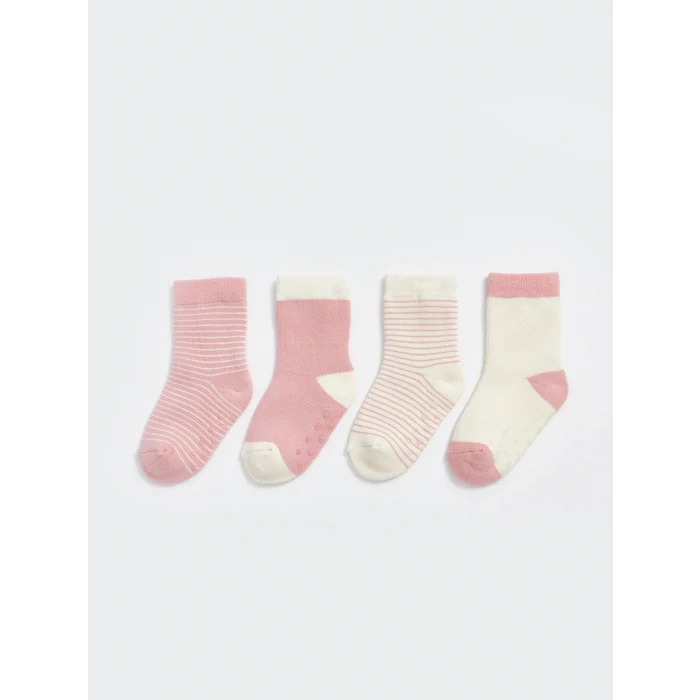 LCW baby Pembe Çizgili Kız Bebek Soket Çorap 4lü