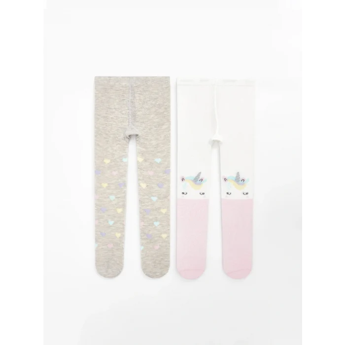 LCW baby Ekru Desenli Kız Bebek Külotlu Çorap 2li