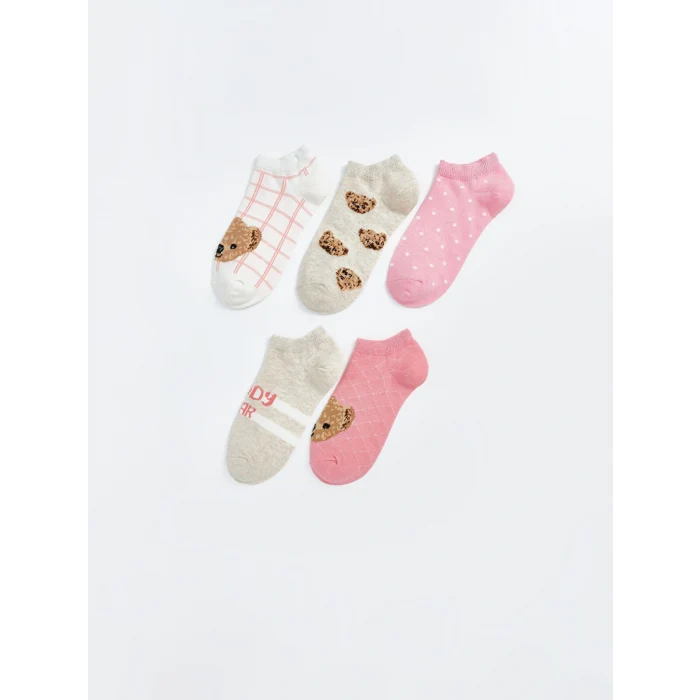 LCW Kids Ekru Ayı Teddy Desenli Kız Çocuk Patik Çorap 5li