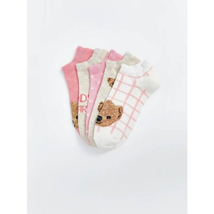 LCW Kids Ekru Ayı Teddy Desenli Kız Çocuk Patik Çorap 5li