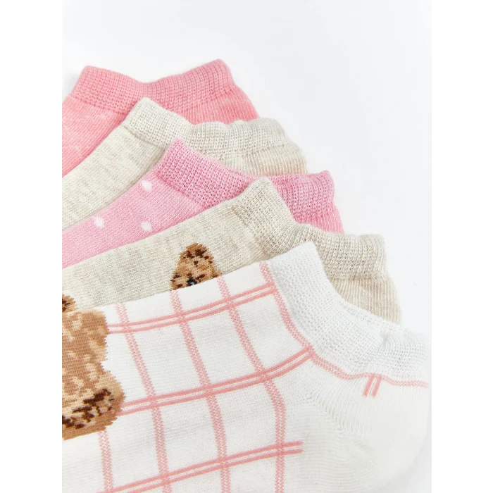 LCW Kids Ekru Ayı Teddy Desenli Kız Çocuk Patik Çorap 5li