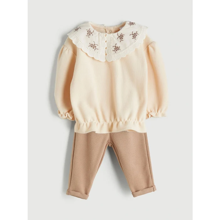 LCW baby Bej Bebe Yaka Uzun Kollu Kız Bebek Bluz ve Tayt 2li