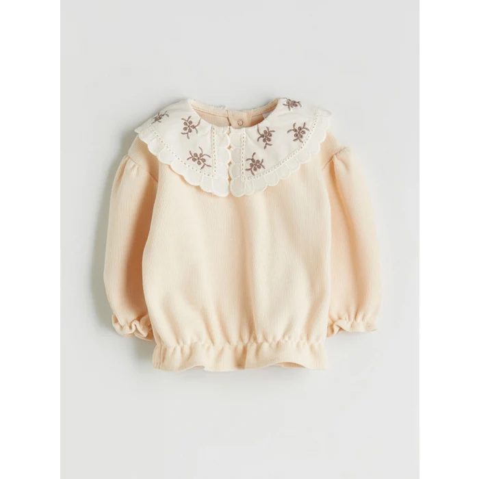 LCW baby Bej Bebe Yaka Uzun Kollu Kız Bebek Bluz ve Tayt 2li