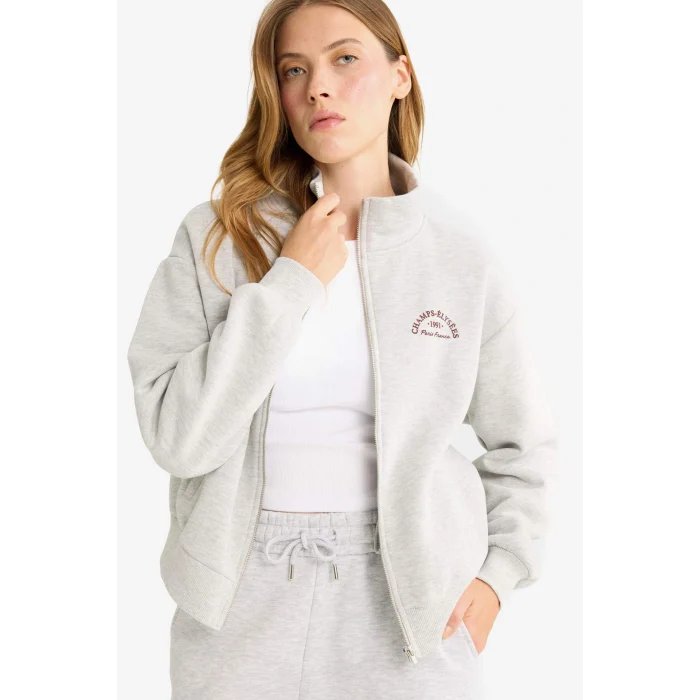 Defacto F7890AXGR93 Gri Relax Fit Yarım Balıkçı Yaka Baskılı Kalın Fermuarlı Sweatshirt