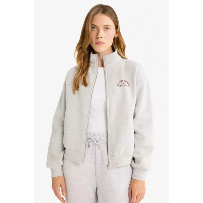 Defacto F7890AXGR93 Gri Relax Fit Yarım Balıkçı Yaka Baskılı Kalın Fermuarlı Sweatshirt