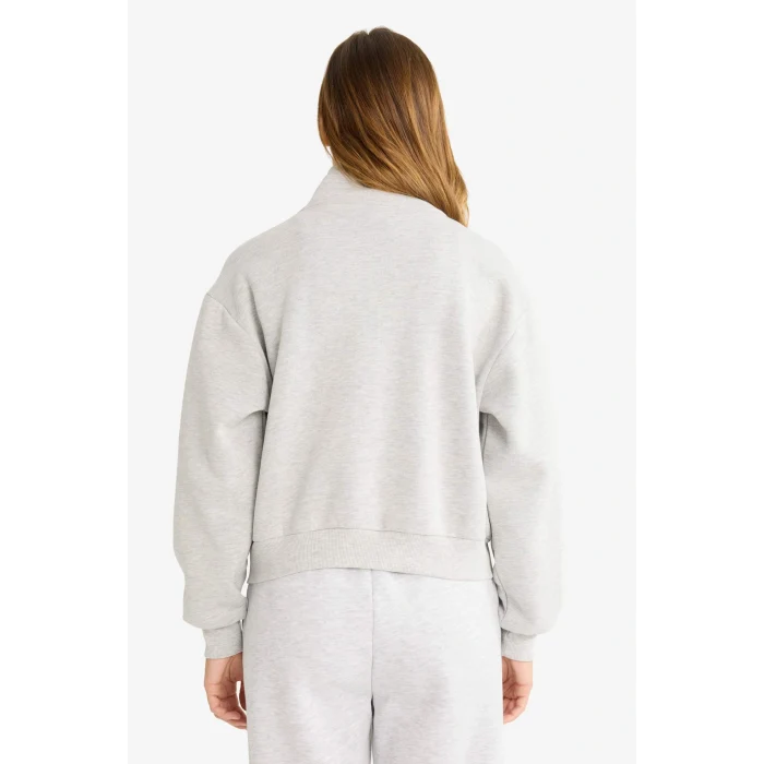 Defacto F7890AXGR93 Gri Relax Fit Yarım Balıkçı Yaka Baskılı Kalın Fermuarlı Sweatshirt