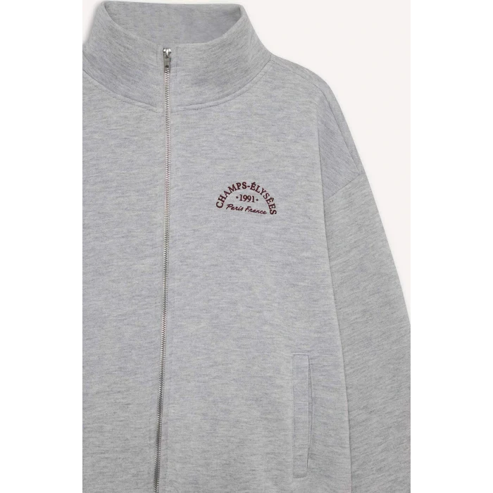 Defacto F7890AXGR93 Gri Relax Fit Yarım Balıkçı Yaka Baskılı Kalın Fermuarlı Sweatshirt