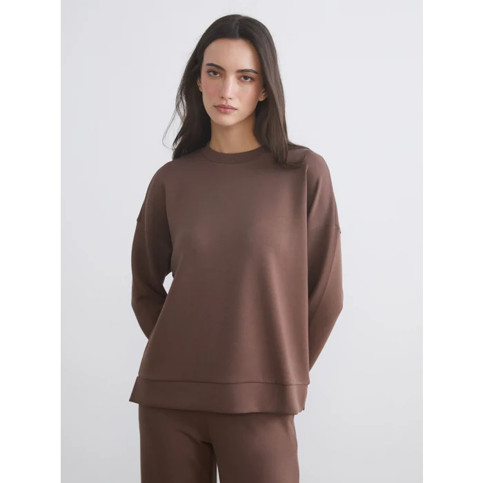 LCW Vision Kahverengi Bisiklet Yaka Oversize Kadın Sweatshirt