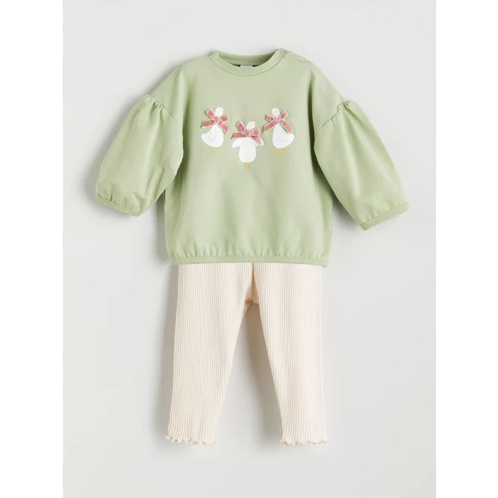 LCW baby Yeşil Bisiklet Yaka Kız Bebek Sweatshirt ve Tayt 2li