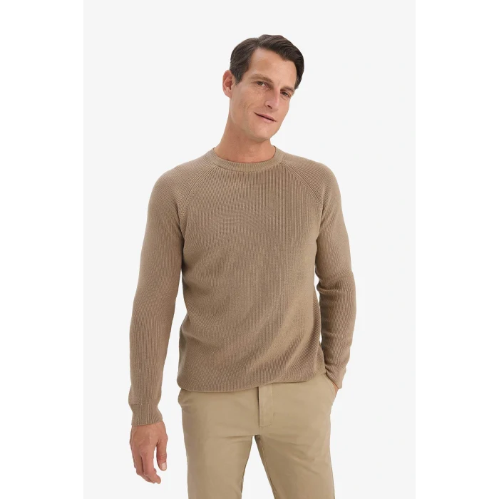 Defacto A8458AXBG684 Bej Standart Fit Bisiklet Yaka Triko Kazak