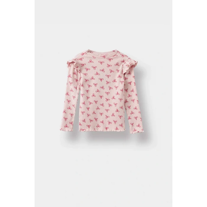 Defacto F3712A5PN38 Pembe Kız Bebek Bisiklet Yaka Fitilli Kaşkorse Desenli Uzun Kollu Tişört
