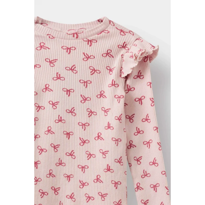 Defacto F3712A5PN38 Pembe Kız Bebek Bisiklet Yaka Fitilli Kaşkorse Desenli Uzun Kollu Tişört
