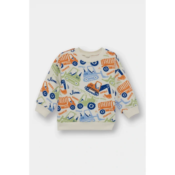 Defacto E9935A5ER98 Ekru Erkek Bebek Bisiklet Yaka Araç Baskılı İçi Yumuşak Tüylü Sweatshirt