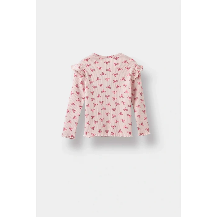 Defacto F3712A5PN38 Pembe Kız Bebek Bisiklet Yaka Fitilli Kaşkorse Desenli Uzun Kollu Tişört