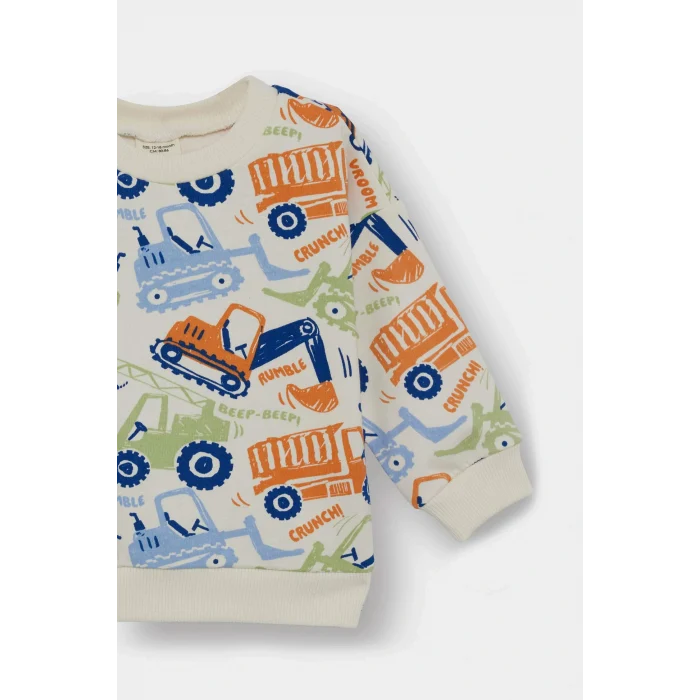 Defacto E9935A5ER98 Ekru Erkek Bebek Bisiklet Yaka Araç Baskılı İçi Yumuşak Tüylü Sweatshirt