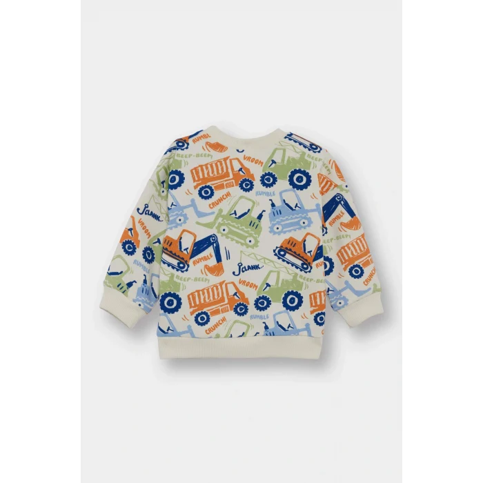 Defacto E9935A5ER98 Ekru Erkek Bebek Bisiklet Yaka Araç Baskılı İçi Yumuşak Tüylü Sweatshirt