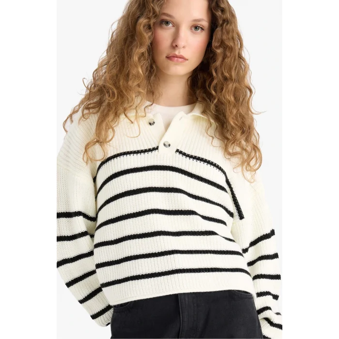 Defacto C4918AXER103 Ekru Coool Relax Fit Polo Yaka Düğmeli Çizgili Triko Kazak