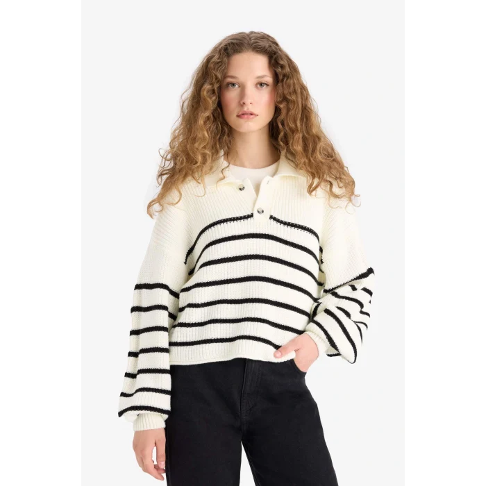 Defacto C4918AXER103 Ekru Coool Relax Fit Polo Yaka Düğmeli Çizgili Triko Kazak