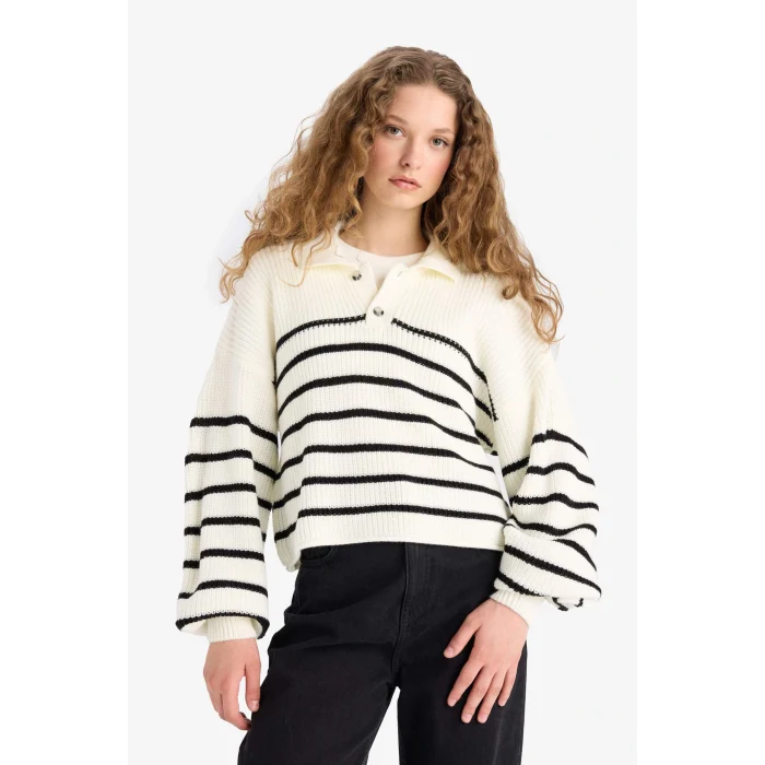 Defacto C4918AXER103 Ekru Coool Relax Fit Polo Yaka Düğmeli Çizgili Triko Kazak