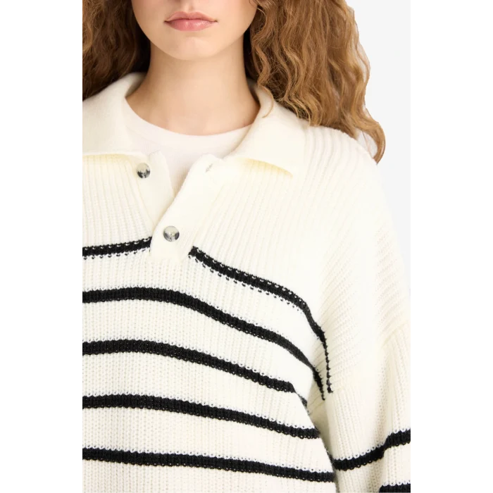 Defacto C4918AXER103 Ekru Coool Relax Fit Polo Yaka Düğmeli Çizgili Triko Kazak