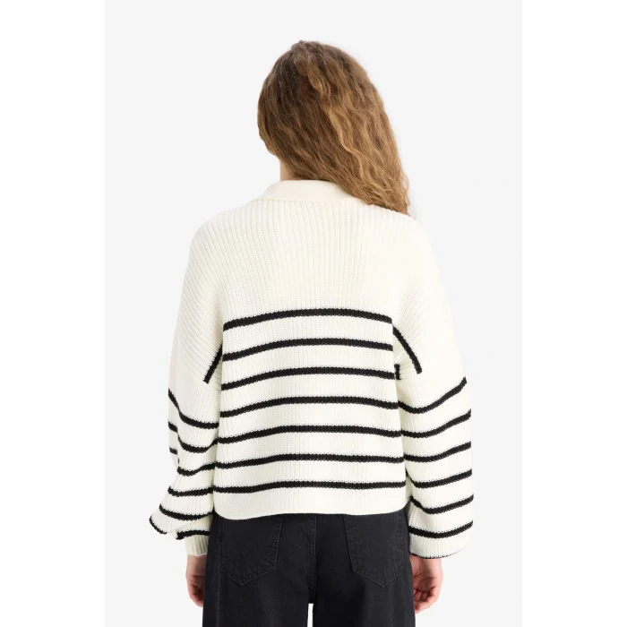 Defacto C4918AXER103 Ekru Coool Relax Fit Polo Yaka Düğmeli Çizgili Triko Kazak