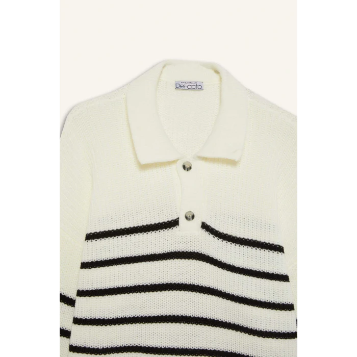 Defacto C4918AXER103 Ekru Coool Relax Fit Polo Yaka Düğmeli Çizgili Triko Kazak