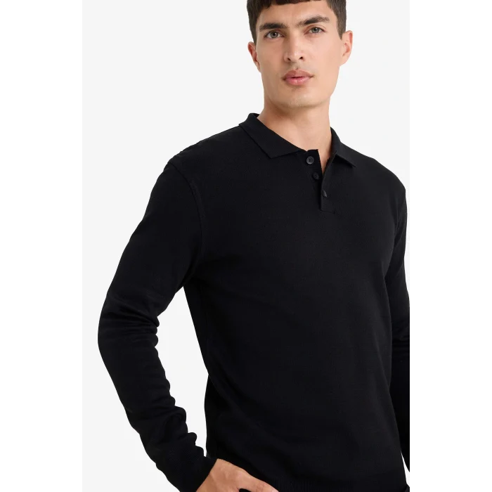 Defacto B9713AXBK81 Siyah Standart Fit Polo Yaka Düğmeli Triko Kazak