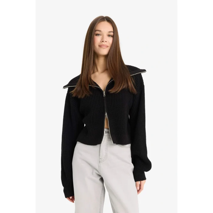 Defacto A3333AXBK27 Siyah Slim Fit Dar Kesim Polo Yaka Fermuarlı Triko Hırka