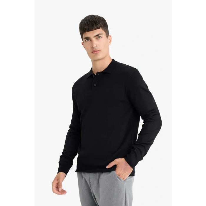 Defacto B9713AXBK81 Siyah Standart Fit Polo Yaka Düğmeli Triko Kazak