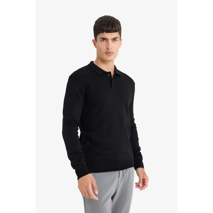 Defacto B9713AXBK81 Siyah Standart Fit Polo Yaka Düğmeli Triko Kazak