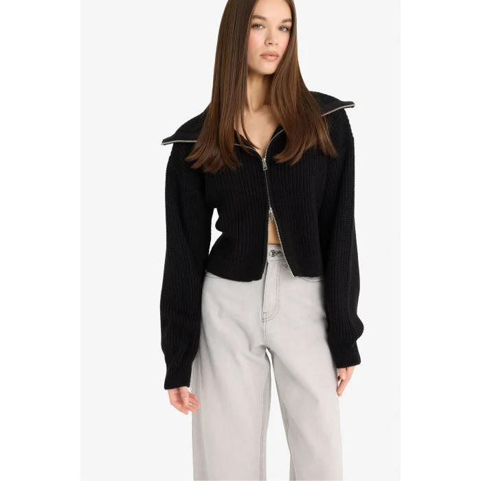 Defacto A3333AXBK27 Siyah Slim Fit Dar Kesim Polo Yaka Fermuarlı Triko Hırka