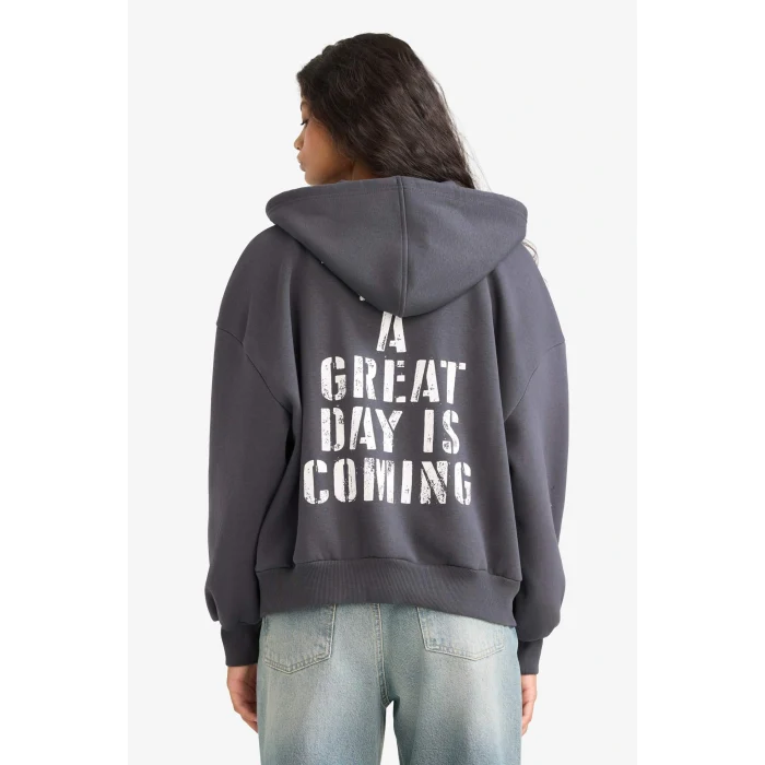 Defacto F8915AXAR104 Antrasit Oversize Geniş Kalıp Kapüşonlu Sırt Baskılı Fermuarlı Sweatshirt