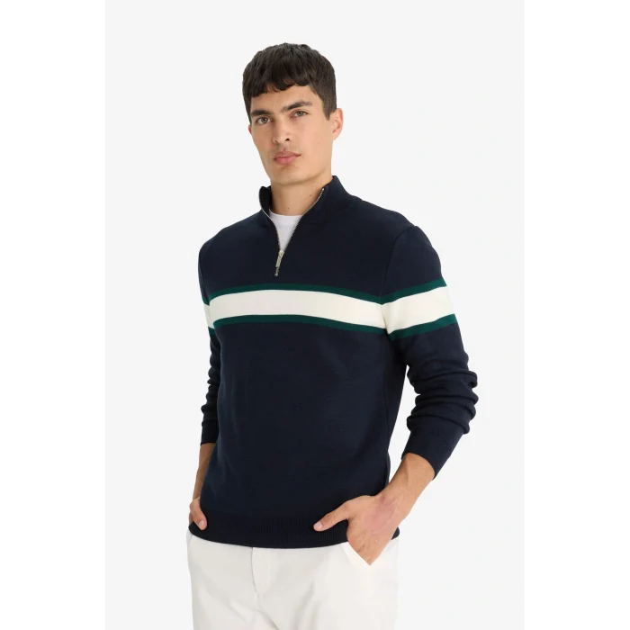 Defacto Y4193AZNV163 Lacivert Standart Fit Dik Yaka Fermuarlı Renk Bloklu Triko Kazak