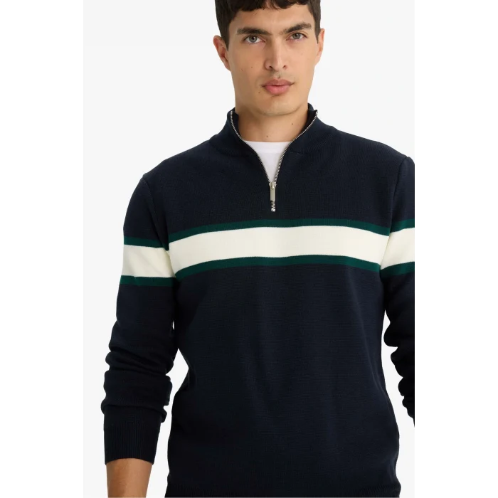 Defacto Y4193AZNV163 Lacivert Standart Fit Dik Yaka Fermuarlı Renk Bloklu Triko Kazak