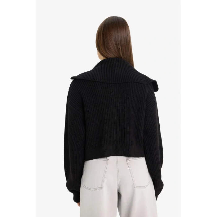 Defacto A3333AXBK27 Siyah Slim Fit Dar Kesim Polo Yaka Fermuarlı Triko Hırka