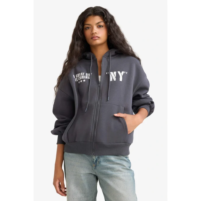 Defacto F8915AXAR104 Antrasit Oversize Geniş Kalıp Kapüşonlu Sırt Baskılı Fermuarlı Sweatshirt